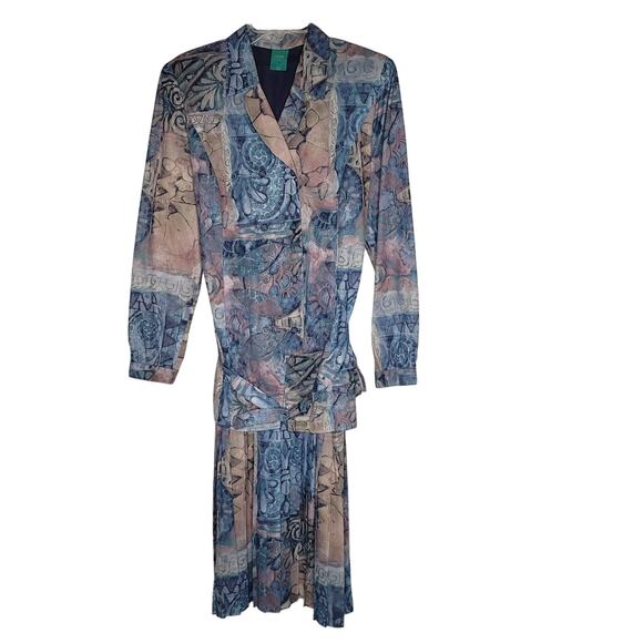 Canda 80s Vintage Pleated Geometric Multi Blue Dress Belted Long Sleeve Large - Picture 1 of 10